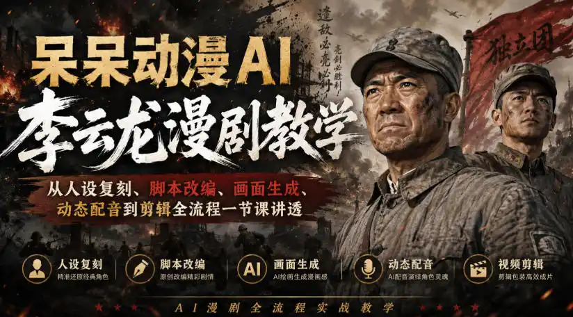 呆呆动漫AI李云龙漫剧教学,从人设复刻、脚本改编、画面生成、动态配音到剪辑全流程一节课讲透-项目资源网