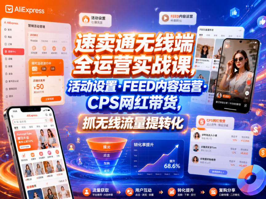 速卖通无线端全运营实战课,活动设置・FEED内容运营・CPS网红带货,抓无线流量提转化-项目资源网