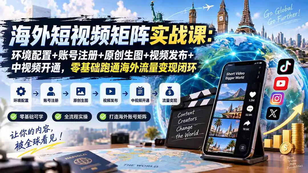 海外短视频矩阵实战课：环境配置+账号注册+原创生图+视频发布+中视频开通，零基础跑通海外流量变现闭环-项目资源网