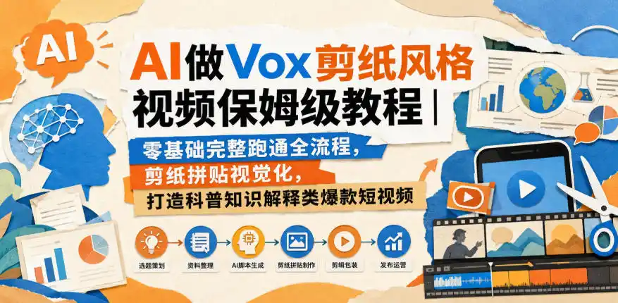 AI做Vox剪纸风格视频保姆级教程｜零基础完整跑通全流程，剪纸拼贴视觉化，打造科普知识解释类爆款短视频-项目资源网