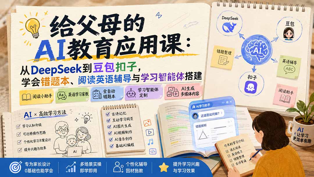 给父母的AI教育应用课:从DeepSeek到豆包扣子,学会错题本、阅读英语辅导与学习智能体搭建 给父母的AI教育应用课:从DeepSeek到豆包扣子,学会错题本、阅读英语辅导与学习智能体搭建