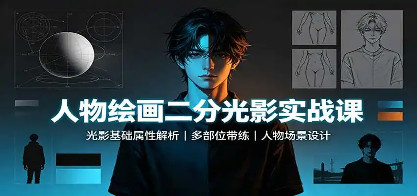 人物绘画二分光影实战课：光影基础属性解析，多部位带练，人物场景设计-项目资源网