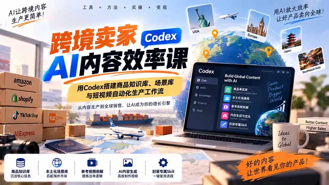 跨境卖家AI内容效率课：用Codex搭建商品知识库、场景库与短视频自动化生产工作流-项目资源网