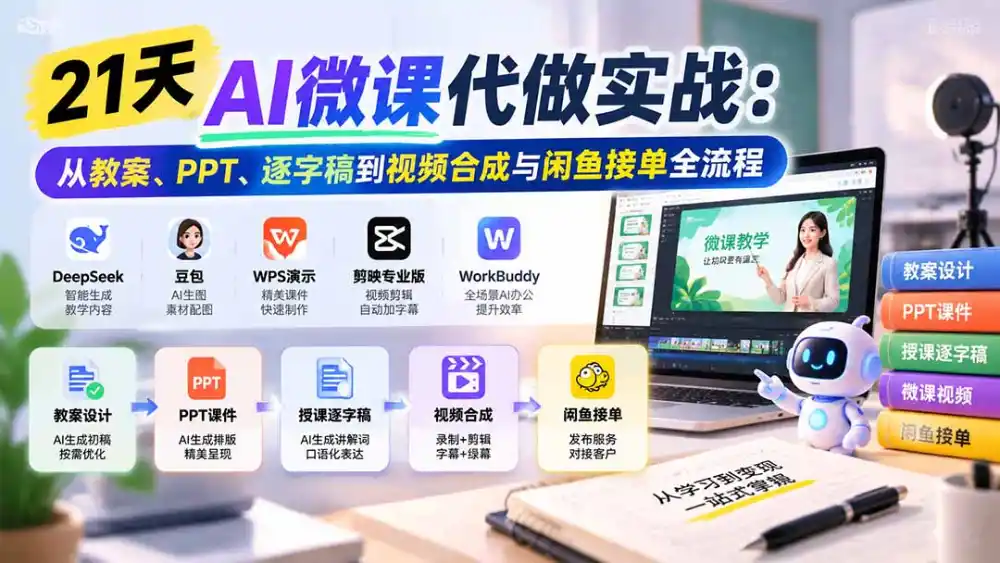 21天AI微课代做实战：从教案、PPT、逐字稿到视频合成与闲鱼接单全流程-项目资源网