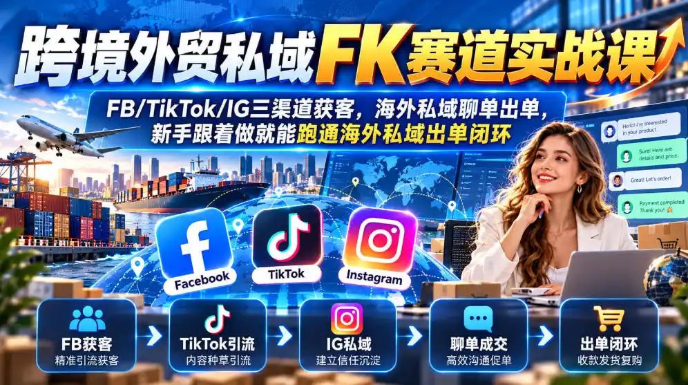 跨境外贸私域FK赛道实战课|FB/TikTok/IG三渠道获客,海外私域聊单出单,新手跟着做就能跑通海外私域出单闭环-项目资源网