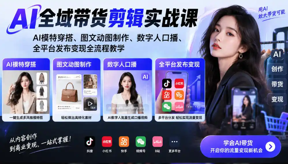 AI全域带货剪辑实战课｜AI模特穿搭、图文动图制作、数字人口播、全平台发布变现全流程教学-项目资源网