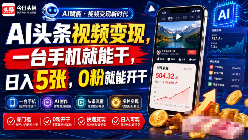 AI头条视频变现，一台手机就能干，日入5张，0粉就能开干-项目资源网