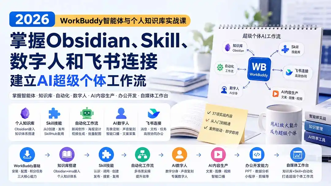 2026 WorkBuddy智能体与个人知识库实战课：掌握Obsidian、Skill、数字人和飞书连接，建立AI超级个体工作流-项目资源网