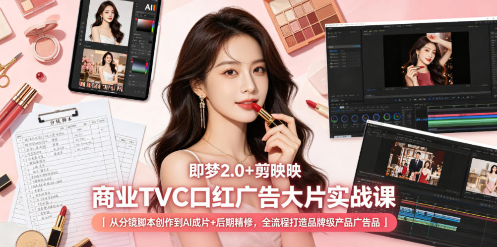 即梦2.0+剪映商业TVC口红广告大片实战课｜从分镜脚本创作到AI成片+后期精修，全流程打造品牌级产品广告-项目资源网