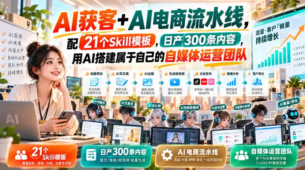 AI获客+AI电商流水线，配21个Skill模板，日产300条内容，用AI搭建属于自己的自媒体运营团队-项目资源网