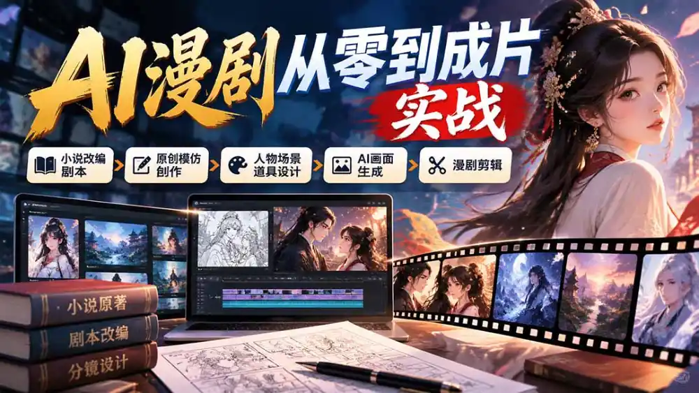 AI漫剧从零到成片实战:小说改编剧本、原创模仿创作、人物场景道具设计、AI画面生成与漫剧剪辑 AI漫剧从零到成片实战:小说改编剧本、原创模仿创作、人物场景道具设计、AI画面生成与漫剧剪辑