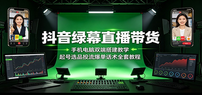 抖音绿幕直播带货：手机电脑双端搭建教学，起号选品投流爆单话术全套教程-项目资源网