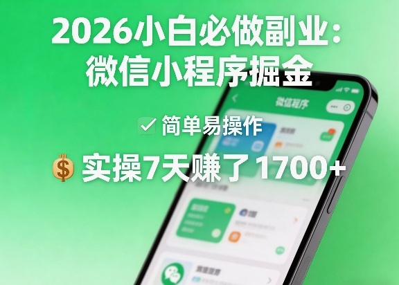 2026小白必做副业：微信小程序掘金，简单易操作，实操7天賺了1700+【揭秘】-项目资源网