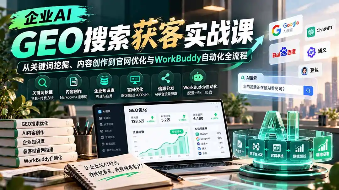 企业AI GEO搜索获客实战课：从关键词挖掘、内容创作到官网优化与WorkBuddy自动化全流程-项目资源网
