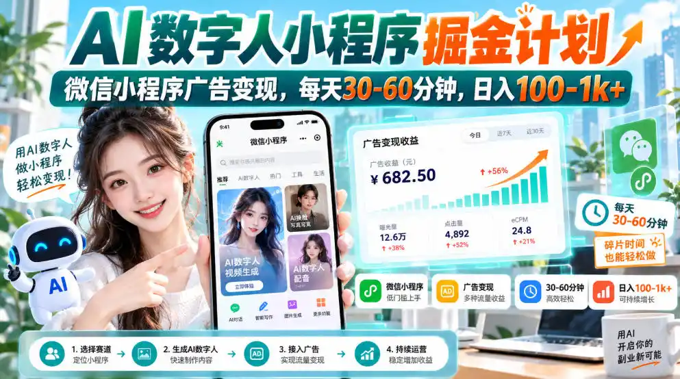 【无水印】AI数字人小程序掘金计划，微信小程序广告变现，每天30‑60分钟，日入100‑1k+-项目资源网
