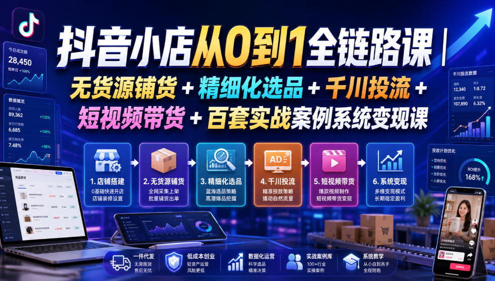 抖音小店从0到1全链路课｜无货源铺货+精细化选品+千川投流+短视频带货+百套实战案例系统变现课(2026年7月更新)-项目资源网