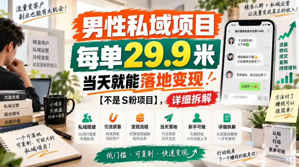 男性私域项目，每单29.9米，当天就能落地变现【不是S粉项目】，详细拆解-项目资源网
