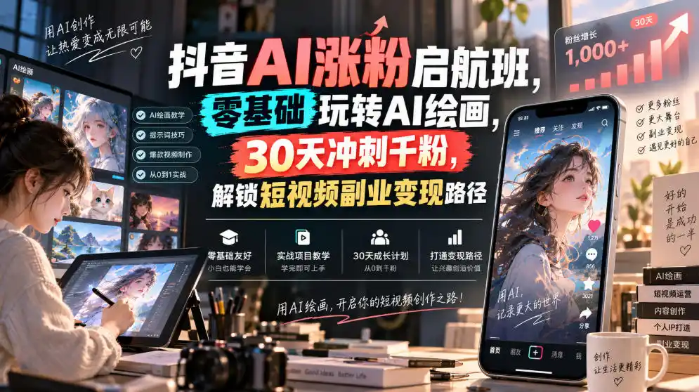 抖音AI涨粉启航班，零基础玩转AI绘画，30天冲刺千粉，解锁短视频副业变现路径-项目资源网