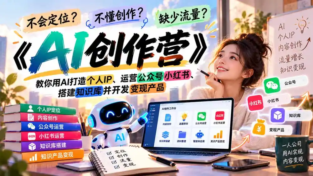 不会定位、不懂创作、缺少流量?《AI创作营》教你用AI打造个人IP、运营公众号小红书、搭建知识库并开发变现产品 不会定位、不懂创作、缺少流量?《AI创作营》教你用AI打造个人IP、运营公众号小红书、搭建知识库并开发变现产品