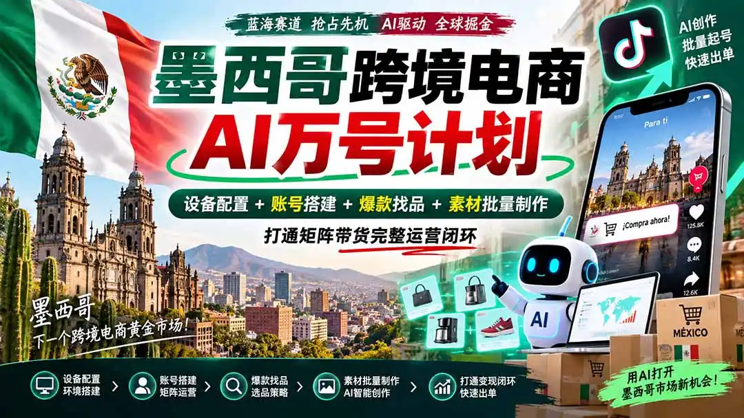 墨西哥AI跨境电商万号计划｜设备配置+账号搭建+爆款找品+素材批量制作，打通矩阵带货完整运营闭环-项目资源网