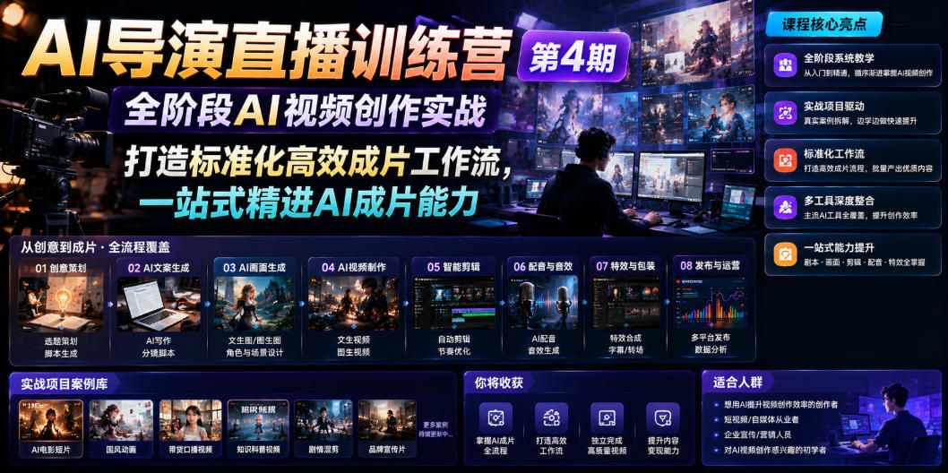 AI导演直播训练营第4期|全阶段AI视频创作实战,打造标准化高效成片工作流,一站式精进AI成片能力