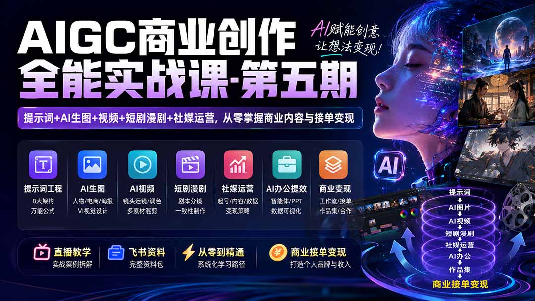 AIGC商业创作全能实战课-第五期：提示词+AI生图+视频+短剧漫剧+社媒运营，从零掌握商业内容与接单变现-项目资源网