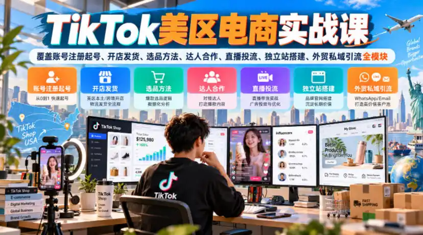 TikTok美区电商实战课,覆盖账号注册起号、开店发货、选品方法、达人合作、直播投流、独立站搭建、外贸私域引流全模块-项目资源网