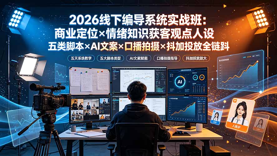 2026线下编导系统实战班：商业定位×情绪知识获客观点人设五类脚本×AI文案×口播拍摄×抖加投放全链路-项目资源网