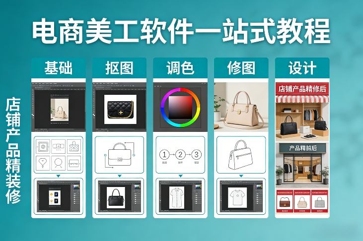电商美工软件一站式教程，基础/抠图/调色/修图/设计，店铺产品精装修-项目资源网