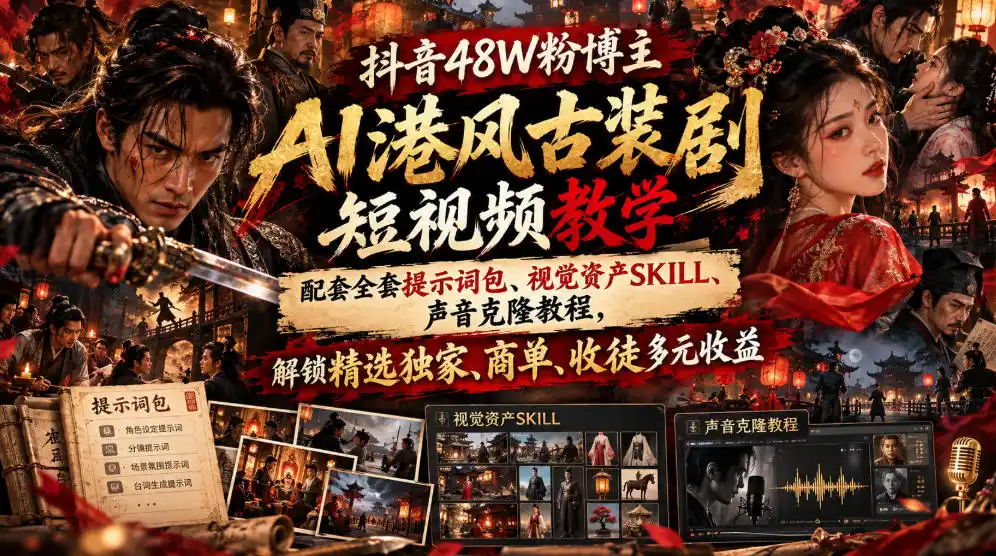 抖音48W粉博主AI港风古装剧短视频教学，配套全套提示词包、视觉资产SKILL、声音克隆教程，解锁精选独家、商单、收徒多元收益-项目资源网