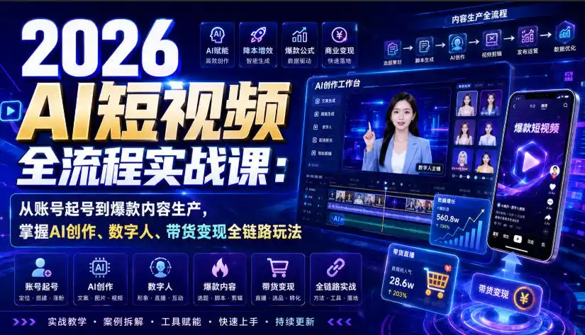 2026 AI短视频全流程实战课：从账号起号到爆款内容生产，掌握AI创作、数字人、带货变现全链路玩法-项目资源网