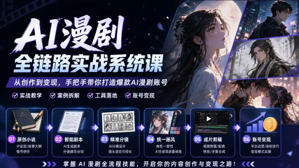 AI漫剧全链路实战系统课｜原创小说、智能剧本、精准分镜、统一画风、成片剪辑、账号变现实操教学(更新1018)-项目资源网