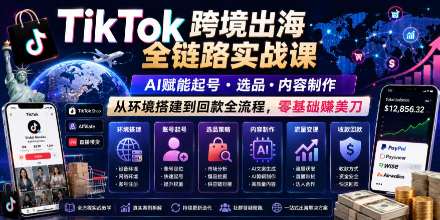 TikTok跨境出海全链路实战课，AI赋能起号・选品・内容制作，从环境搭建到回款全流程，零基础賺美刀-项目资源网