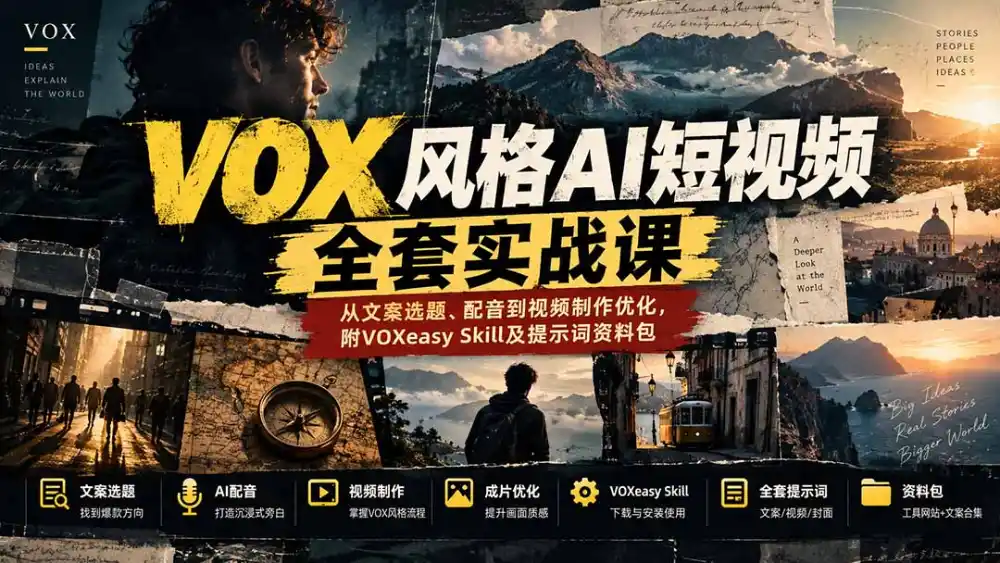 【无水印】VOX风格AI短视频全套实战课：从文案选题、配音到视频制作优化，附VOXeasy Skill及提示词资料包-项目资源网