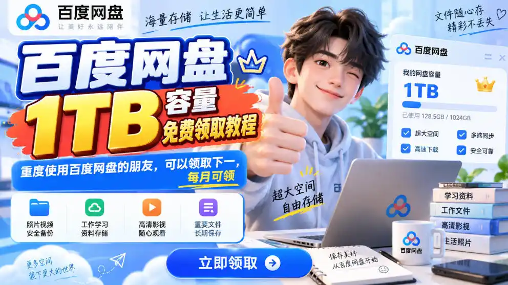 百度网盘1TB容量免费领取教程，重度使用百度网盘的朋友，可以领取下一，每月可领-项目资源网