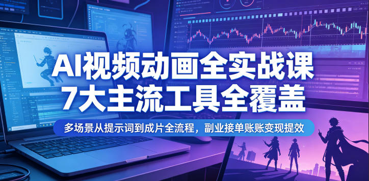 AI视频动画全实战课，7大主流工具全覆盖，多场景从提示词到成片全流程，副业接单账号变现提效-项目资源网