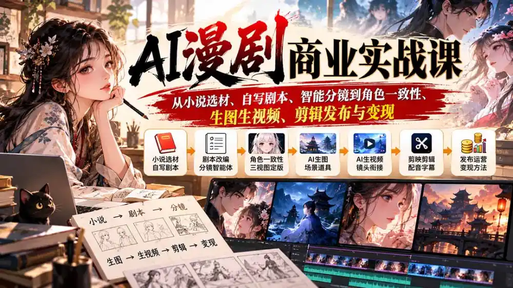 AI漫剧商业实战课:从小说选材、自写剧本、智能分镜到角色一致性、生图生视频、剪辑发布与变现-项目资源网