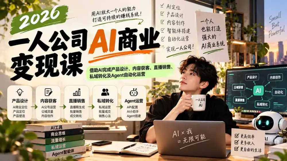 2026一人公司AI商业变现课：借助AI完成产品设计、内容获客、直播销售、私域转化及Agent自动化运营-项目资源网