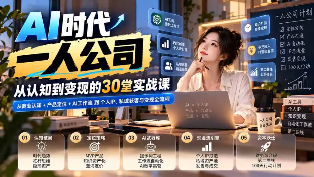 【无水印】AI时代一人公司30堂实战课：从商业认知+产品定位+AI工作流到个人IP、私域获客与变现全流程-项目资源网