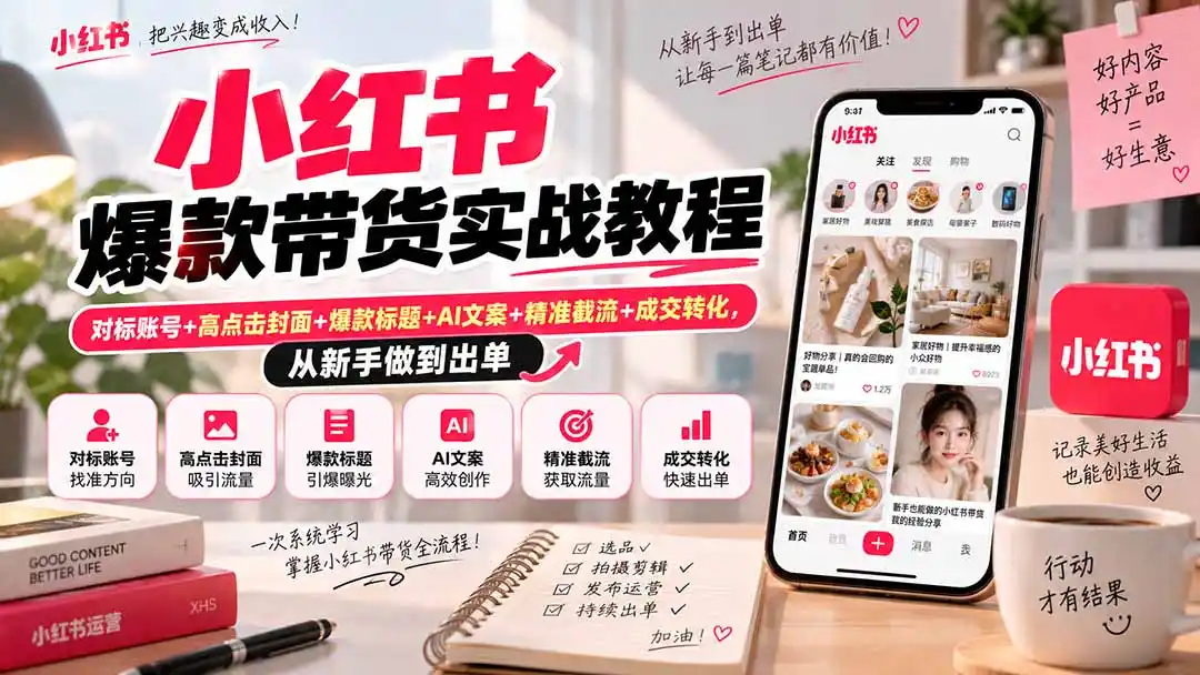 小红书爆款带货实战教程｜对标账号+高点击封面+爆款标题+AI文案+精准截流+成交转化，从新手做到出单-项目资源网