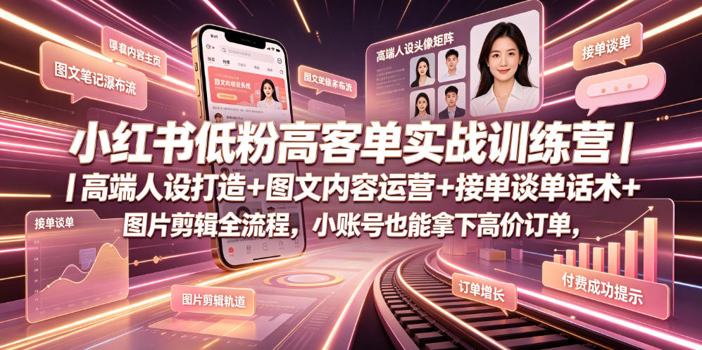小红书低粉高客单实战训练营|高端人设打造+图文内容运营+接单谈单话术+图片剪辑全流程,小账号也能拿下高价订单-项目资源网
