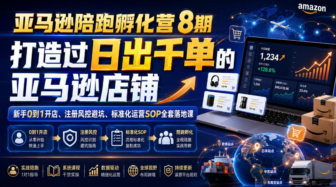亚马逊陪跑孵化营8期,打造过日出千单的亚马逊店铺,新手0到1开店、注册风控避坑、标准化运营SOP全套落地课-项目资源网