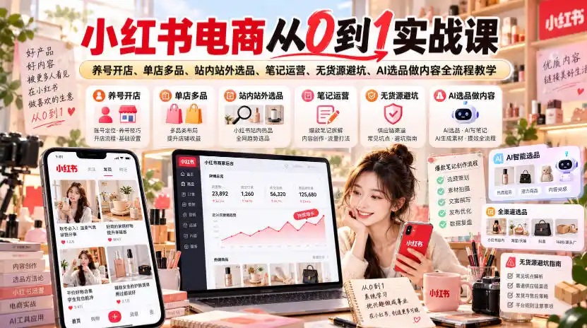 小红书电商从0到1实战课｜养号开店、单店多品、站内站外选品、笔记运营、无货源避坑、AI选品做内容全流程教学-项目资源网