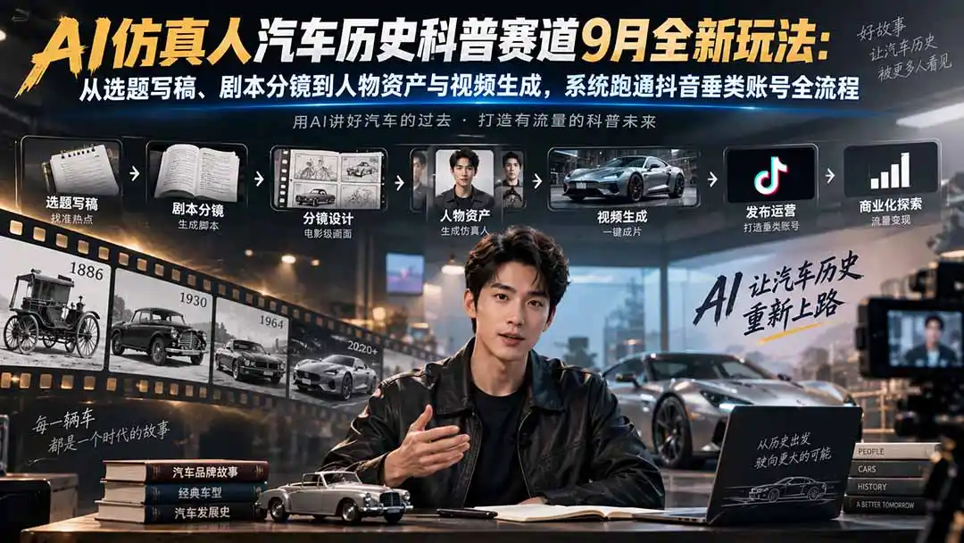 AI仿真人汽车历史科普赛道9月全新玩法：从选题写稿、剧本分镜到人物资产与视频生成，系统跑通抖音垂类账号全流程-项目资源网