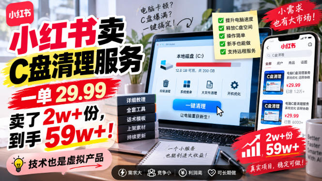 小红书卖C盘清理服务，一单29.99，卖了2w+份，技术也是虚拟产品-项目资源网