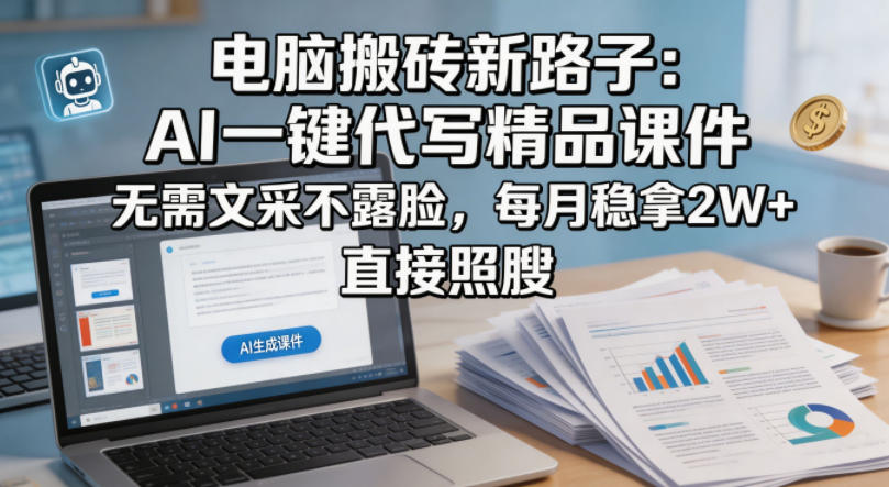 电脑搬砖新路子：AI一键代写精品课件，无需文采不露脸，每月稳拿2W+，直接照搬-项目资源网