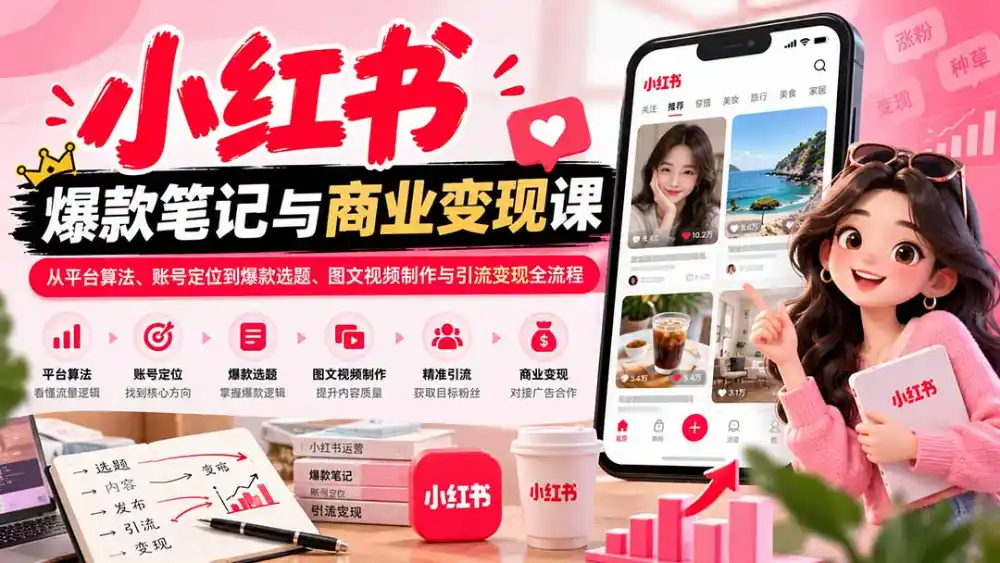2026小红书爆款笔记与商业变现课：从平台算法、账号定位到爆款选题、图文视频制作与引流变现全流程-项目资源网