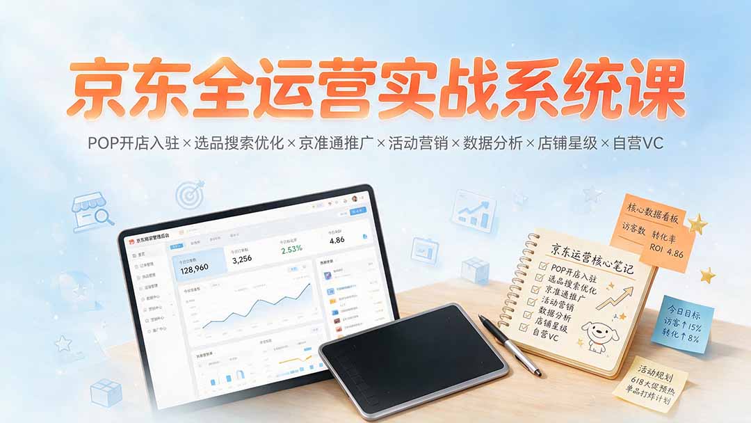 京东全运营实战系统课：POP开店入驻×选品搜索优化×京准通推广×活动营销×数据分析×店铺星级×自营VC-项目资源网