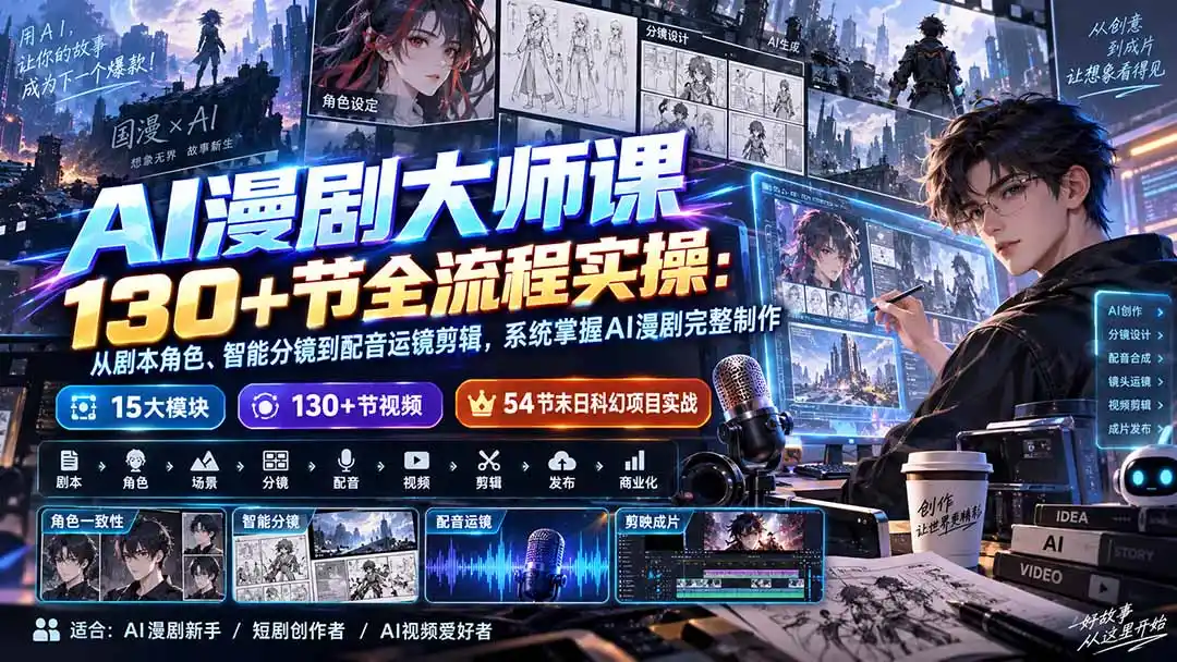 AI漫剧大师课130+节全流程实操：从剧本角色、智能分镜到配音运镜剪辑，系统掌握AI漫剧完整制作-项目资源网
