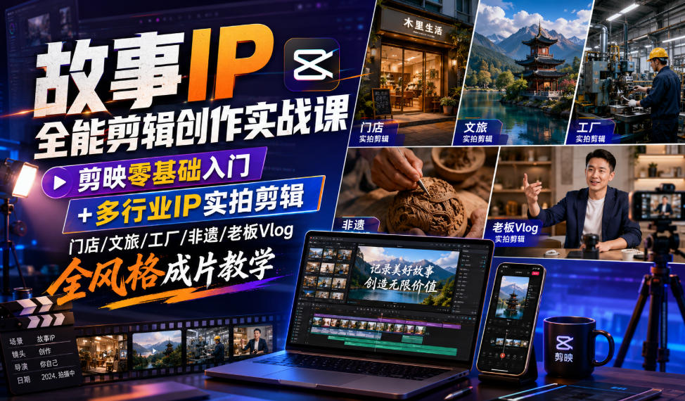 故事IP全能剪辑创作实战课｜剪映零基础入门+多行业IP实拍剪辑，门店/文旅/工厂/非遗/老板Vlog全风格成片教学-项目资源网
